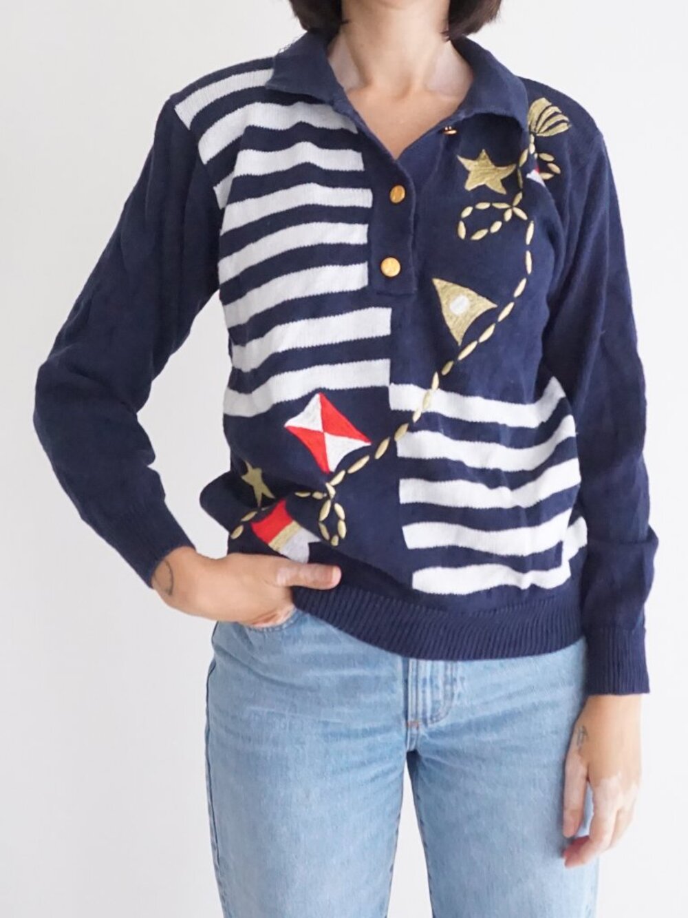 Vintage Alfred Dunner Navy Nautical Sailboat Stripe Collared Sweater Coastal S